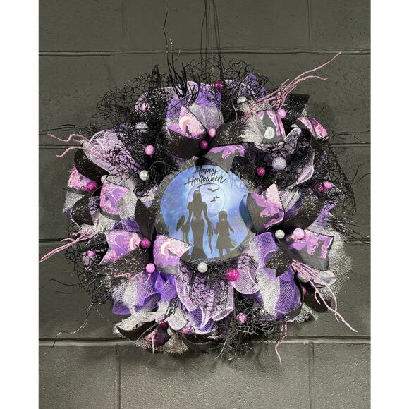 Witchy Halloween Wreath – Purple & Black Deco Mesh Door Decor – Handmade 24 inch - Picture 2 of 6